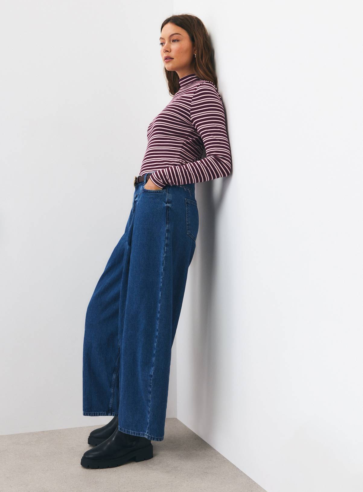 Dark Red Rib Roll Neck Stripe Top 14 - Image 2